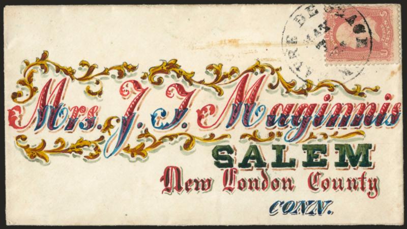 3c Rose (65).> Brilliant color which approaches the Rose Pink shade, tied by Havre de Grace Md. May 7, 1863 circular datestamp on cover with <beautifully hand-drawn multicolored address> to Salem Conn., fresh
and Very Fine, with 1991 P.F. certifica