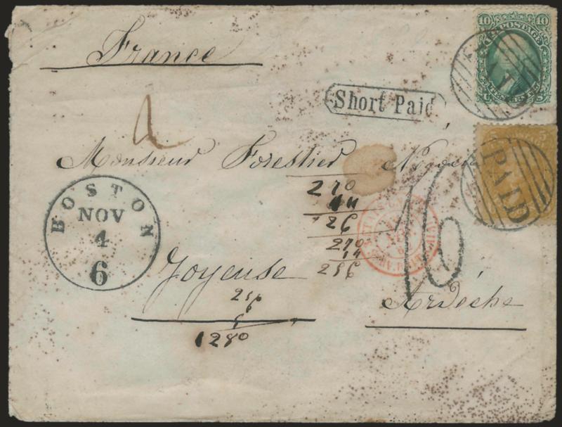 5c Buff (67).> Used with 10c Green (68), tied by large Paid grids, Boston 6 Nov. 4 debit datestamp on 1862 cover <to France,> neat 16 decimes due marking, also clear strike of <Short Paid> handstamp, stamps and
cover affected by water damage,