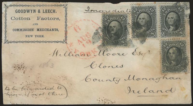 12c Black (69).> Block of three and single, tied by quartered corks, red N.York Br. Pkt. 6 Aug. 19 circular datestamp on cover front only with commission merchants corner card <to Clones, Ireland,> faults incl.
affected by water damage, otherwise