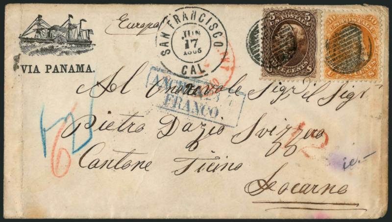 5c Brown, 30c Orange (71, 76).> Tied by grid in circle cancel, clear strike of San Francisco Cal. Jun. 17, 1865 double-circle datestamp on cover with <Via Panama illustrated steamship corner card, addressed to
Locarno, Switzerland,> red New York