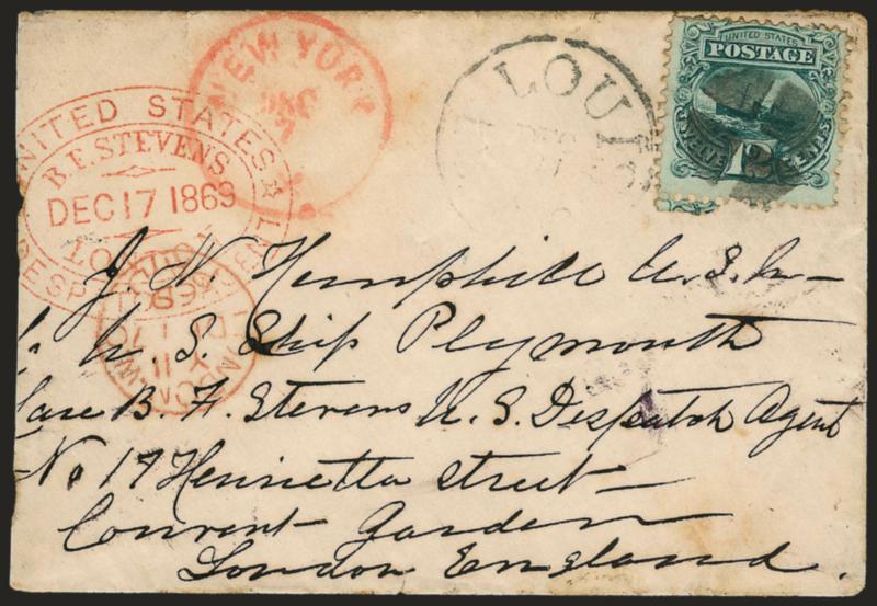 12c Green (117).> Tied by quartered cork, St. Louis Mo. Dec. ? circular datestamp on cover <to London, England,> red New York circular datestamp, addressed to the U.S.S. <<Plymouth>> and with red .F. Stevens>
oval datestamp at left, slightly redu