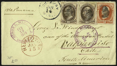 Bank Note Covers to South America.> Two, both pay 22c rate, first with pairs of No. 145 and 150 tied by quartered corks, red New York 12 Feb. 20 circular datestamp on cover with printed address <to Callao,
Peru,> second with pair of No. 161 used wi