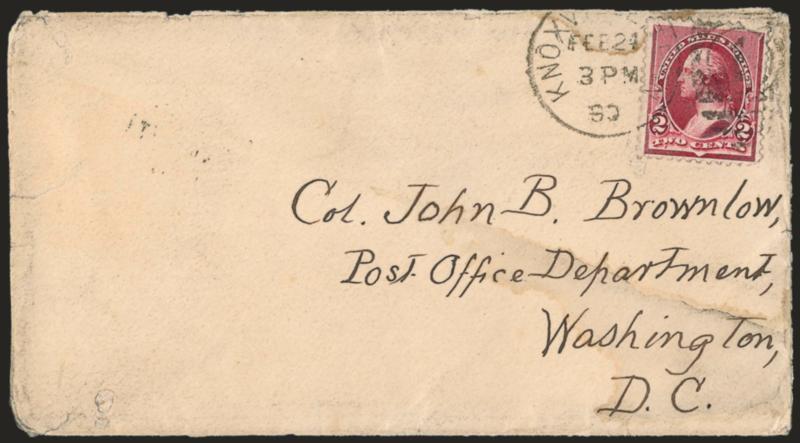 2c Lake (219D).> Nick at top and short corner perf, tied by <Knoxville TN Feb 24 3PM 90> circular datestamp and numeral grid duplex on cover to the P.O.D. in Washington D.C., bold Washington D.C. Feb. 25, 1890
backstamp receiver, cover water stain