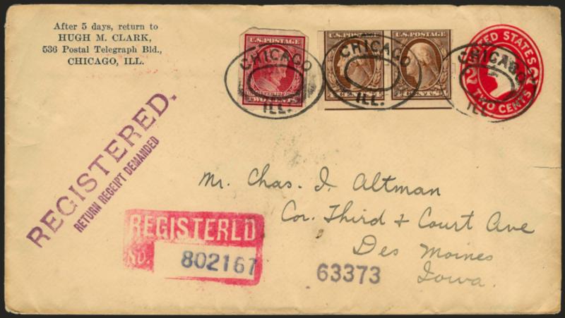 4c Brown, Schermack Ty. III, 2c Carmine, U.S. Automatic Vending Machine Co. Ty. I (346 var, 368 var).> Pair of first, tied by Chicago Ill.  oval handstamps on registered 2c entire to Des Moines Iowa, red
Chicago Ill. Registered Nov. 14 backstamps