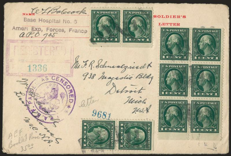 1c Green, A.E.F. Booklet Pane (498f).> Block of six and two pairs from an A.E.F. pane, cancelled by grids and with purple <A.E.F. Passed as Censored> handstamp on registered cover to Detroit Mich., return
address from Base Hospital No. 6, Amer. Ex