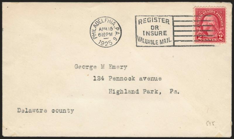 2c Carmine, Rotary, Perf 11 (595).> Choice centering, brilliant color, tied by Philadelphia Pa. 6 Apr. 15 6:30PM 1925 machine cancel on cover with typed address to Highland Park Pa., fresh and Extremely Fine, a
beautiful cover