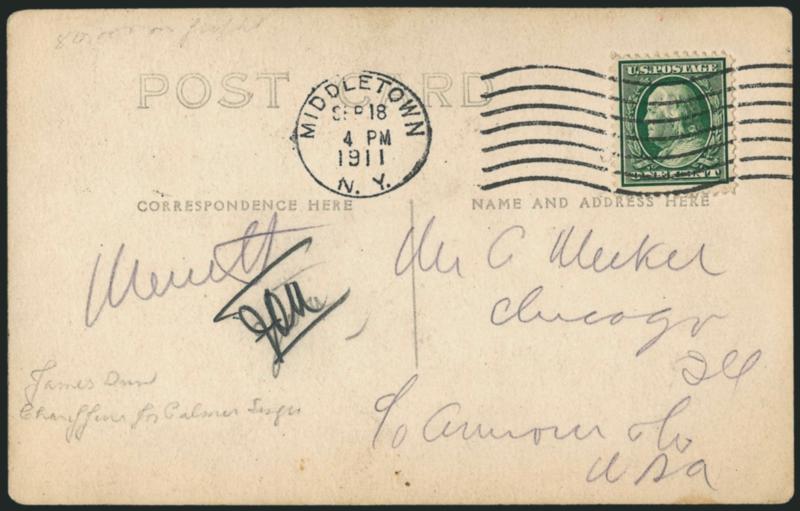 Middletown Crash, September 18, 1911.> Photographic postcard depicting Rodgers and his mechanics picking thru the twisted wreckage of his Wright Model EX with caption Wreck of Rogers [sic] Aeroplane,
Middletown, N.Y. 1911, address side with 1c Gre