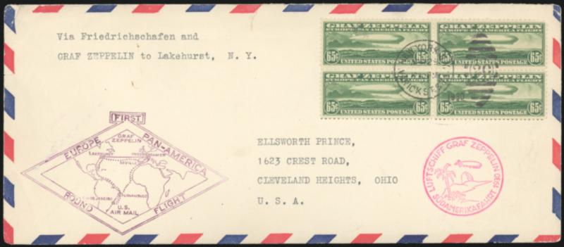 65c-$2.60 Graf Zeppelin (C13-C15).> Cacheted flight covers, first two on legal size red and blue bordered envelopes, 65c <block of four,> $1.30 <vertical pair> (same correspondence), $2.60 on note size
envelope, first two minor cover edge flaws, 65c