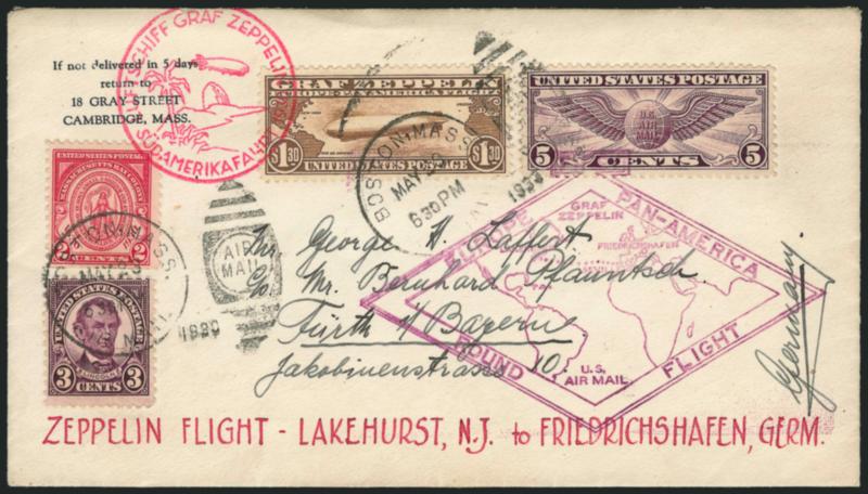 $1.30 Graf Zeppelin (C14).> Used with additional 10c franking on flown cacheted cover to Germany, tied by Boston, Mass. May 23, 1930 grid duplex circular datestamp, Fine