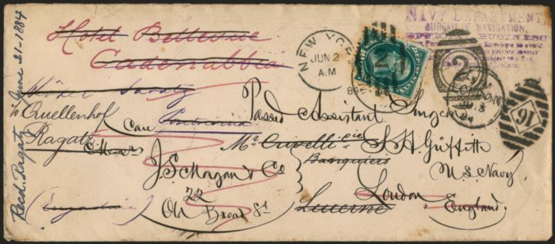 10c State (O62).> Torn at bottom right prior to use, tied by New York Jun. 2, 1884 duplex on legal-size cover with purple Navy Department, Bureau of Navigation handstamp <to London, England, forwarded to
Lucerne, Switzerland and then forwarded th