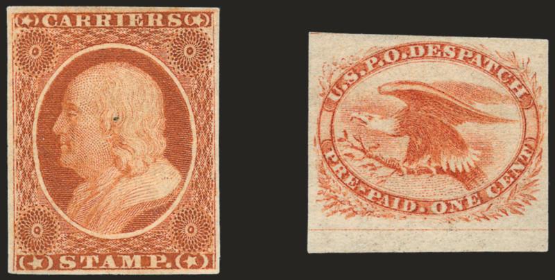 1c Franklin, Eagle Carriers, Trial Color Plate Proofs in Orange on Wove Paper (LO1aTC-LO2aTC).> Eagle with bottom sheet margin, Very Fine and choice, scarce