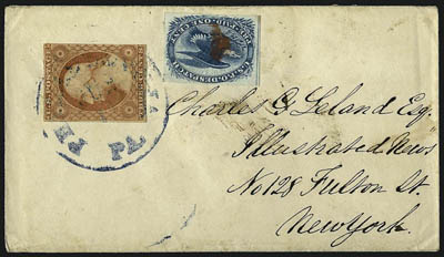 1c Blue, Eagle Carrier (LO2).> Four covers, two used alone and two used with 3c No. 11 (one tied by black Philadelphia circular datestamp, other by a blue one), Carrier stamps more or less tied, Fine-Very
Fine lot