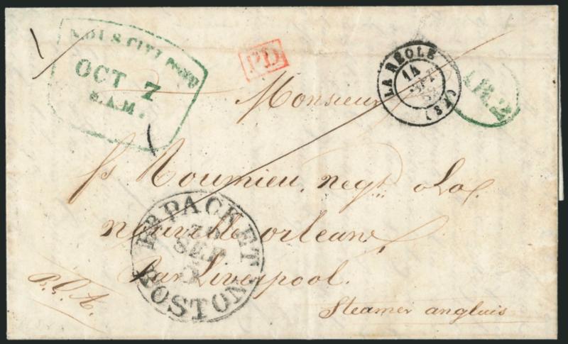 N.O.U.S. City Post Oct. 7 8 A.M..> Green framed snow-shovel datestamp and matching CAR.2 oval on 1852 folded letter from France to New Orleans, French circular datestamp and red boxed PD, bold Boston Br. Packet
5 Sep. 30 debit datestamp, Very F