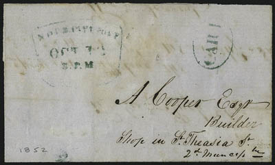 N.O.U.S. City Post.> Two covers each with green snow-shovel datestamp, one with matching Car. 1 in oval and with no U.S. postage charged, second with matching Car. 2 oval handstamp and also matching boxed
<Not Found> handstamp, red New York Pa