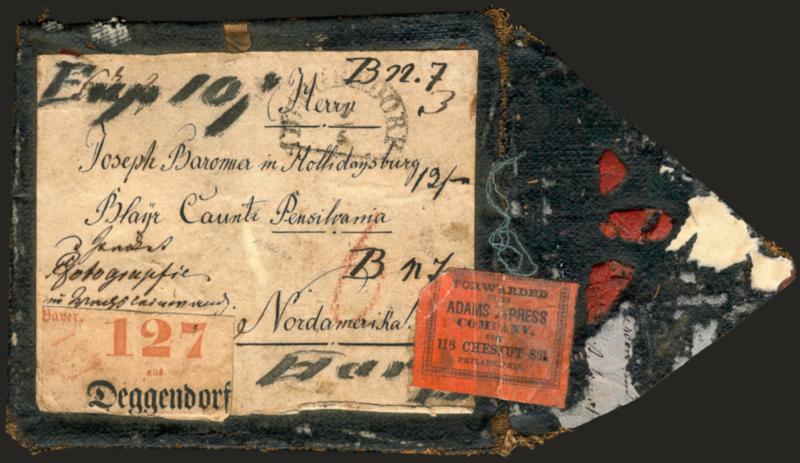 Forwarded by Adams Express Company, from 116 Chestnut Street, Philadelphia.> Orange label affixed over edge of heavy linen cover <from Bavaria, Germany to Philadelphia,> readable Deggendorf half-circle
datestamp, red crayon 6, also with Deggendor