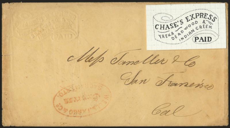 Chases Express, Yreka Deadwood & Indian Creek Paid.> Colorless embossed frank at top left of cover to San Francisco, conjunctive use with red <Wells, Fargo & Co. Express, Sacramento> oval handstamp, minor
edgewear, Very Fine, with 1976 P.F. certif