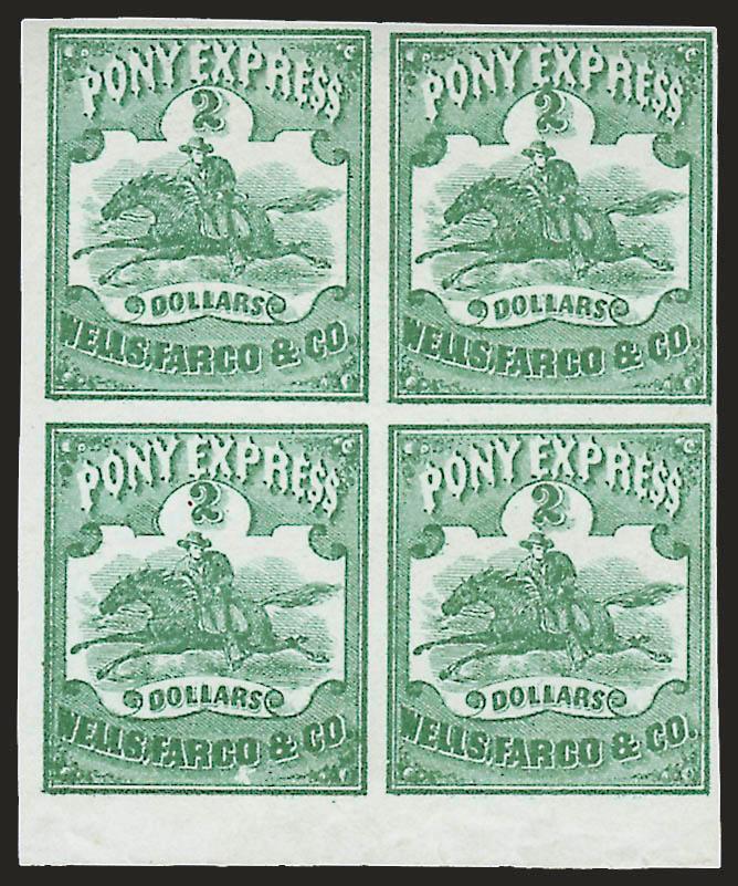 Wells, Fargo & Co. Pony Express, $2.00 Green (143L4).> Block of four, unused (no gum), large margins to clear incl. <sheet margin> at bottom, bright color, Very Fine, ex Chapin, with 1973 P.F.
certificate