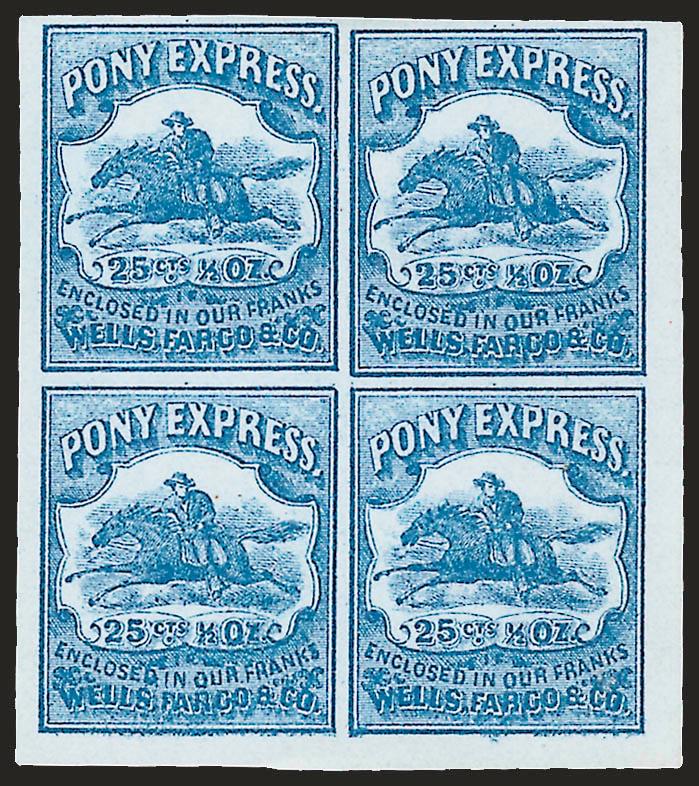 Wells, Fargo & Co. Pony Express, 25c Blue (143L8).> Block of four, unused (no gum), radiant color, large margins to full, clearly showing uneven layout of the plate, Very Fine and choice, with 1999 P.F.
certificate