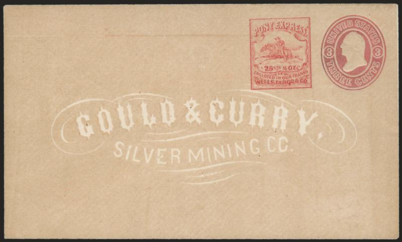 Wells, Fargo & Co. Pony Express, 25c Red entire (143LU3).> Unused, with 3c Pink entire (U34) and Gould & Curry Silver Mining Co. printed return address, minor oxidation not mentioned on accompanying
certificate, Very Fine, with 1999 P.F. certificat