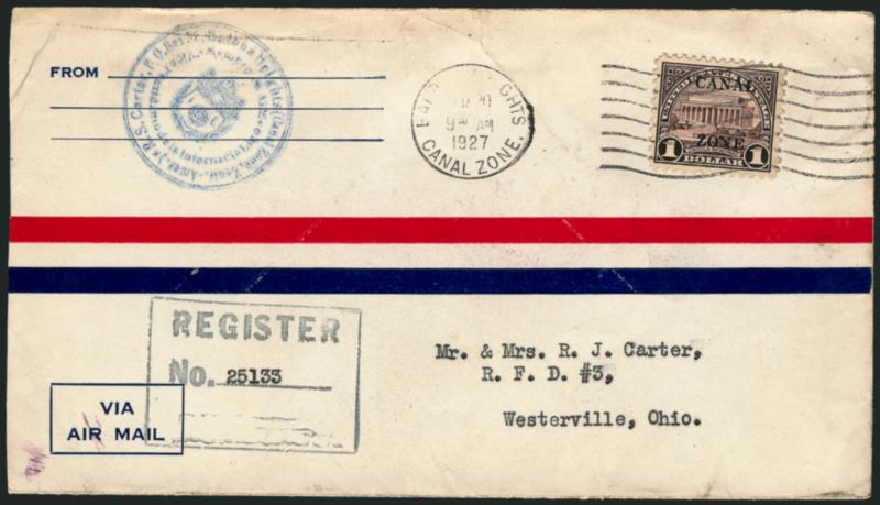 CANAL ZONE, 1926, $1.00 Violet Brown (95).> Tied by Balboa Heights, Canal Zone, Jan. 20, 1927 machine cancel on registered cover to Westerville O., blue company handstamp, various backstamps incl. Balboa
Heights, Cristobal, New Orleans La. and rece