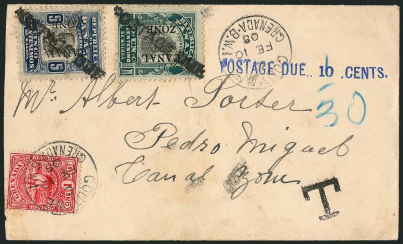 CANAL ZONE, 1907, 1c Green & Black, 5c Ultramarine & Black, Ovpt. Reading Down, Bliss Postage Due Ovpt. Ty. A (22 var, 24 var).> Used on inbound cover to Pedro Miguel, with Grenada 1p stamp tied by Gouyave
Grenada B.W.I. FE 10 08 circular datesta