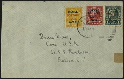 CANAL ZONE, 1925, 1c-10c Postage Dues (J15-J20).> Two covers, first bears Nos. 15-17 and tied by Balboa C.Z. Apr. 15, 1925 duplex on cover, other bears Nos. J18-J20 tied by Balboa C.Z. Jun. 26, 1926 duplex on
2c entire, both addressed to Commande