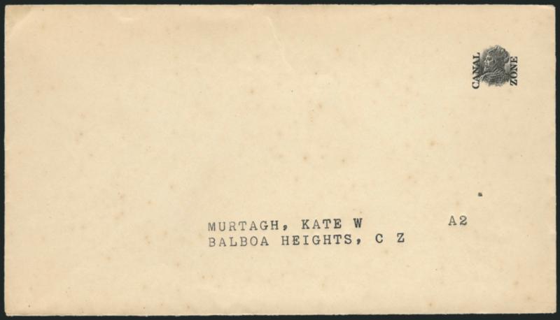 CANAL ZONE, 1916, (1c) Entire, Head and Overprint Only (U1a).> Unused, with typed address to Murtaugh, Kate W, Balboa Heights, C Z, some age spotting, otherwise Very Fine, scarce