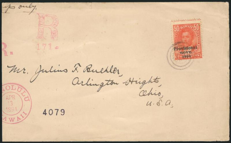 HAWAII, 1893, 50c Red, Black Ovpt. (72).> Wide margins with <part captured imprint at top,> tied by target on large cover to Arlington Heights O., purplish red Honolulu Hawaii Apr. 13, 1894 double-circle
datestamp (Ty. 273.01) with matching R and