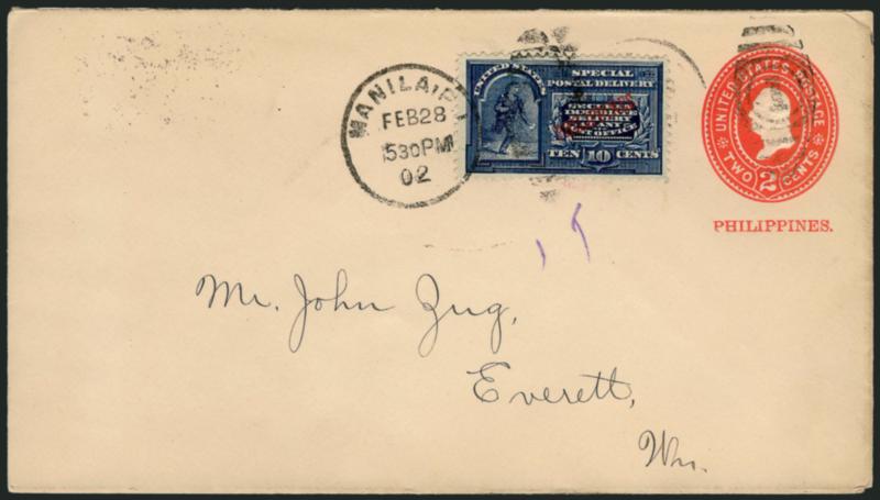 PHILIPPINES, 1901, 10c Dark Blue, Special Delivery (E1).> Used on 2c entire (U8) and tied by Manila P.I. Feb. 28, 1902 duplex addressed to Zeng in Everett Wash., receiving backstamp, fresh and Very Fine, Scott
Retail for No. E1 on cover $350.00