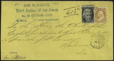 New Orleans Registered Covers.> Five, incl. three with stamps for registry fee incl. combinations of Nos. 65, 68 & 76, Nos. 68 pair & 69, and Nos. 71 & 73, two others with No. 65 incl. Jan. 1864 occupation
usage to Postmaster Parkers sister (Regist