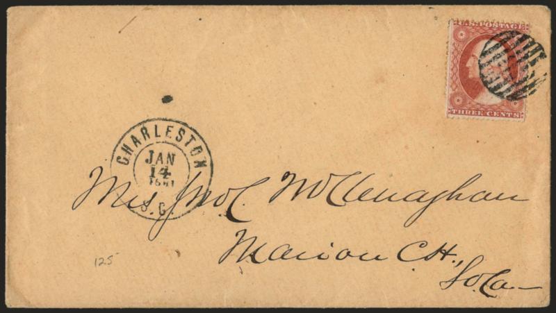 Charleston S.C. Jan. 14, 1861.> Double-circle datestamp, grid cancel ties 3c Dull Red, Ty. III (26) on cover to Marion C.H. S.C., fresh and Very Fine Independent State usage