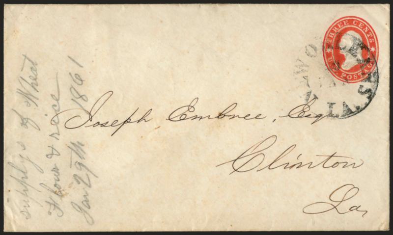 New Orleans La. 30 Jan. (1861).> Circular datestamp on 3c Red Star Die entire (U26) to Clinton La., docketed with 1861 year date, faint toning, Very Fine, scarce Independent State use
