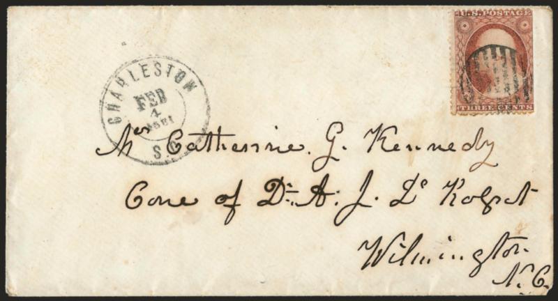 Charleston S.C. Feb. 4, 1861 -- First Day of the Confederate States.> Double-circle datestamp, 3c Dull Red, Ty. III (26), s.e. at right, cancelled by grid on cover to Wilmington N.C., Very Fine and rare
Confederate First Day usage