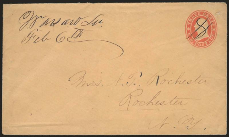 Warsaw La. Feb. 6th.> Ms. pmk. on 3c Red Star Die entire to Rochester N.Y., cancelled by ms., sealed tear on back, Very Fine, Louisiana was admitted to the Confederacy only two days before this was
sent