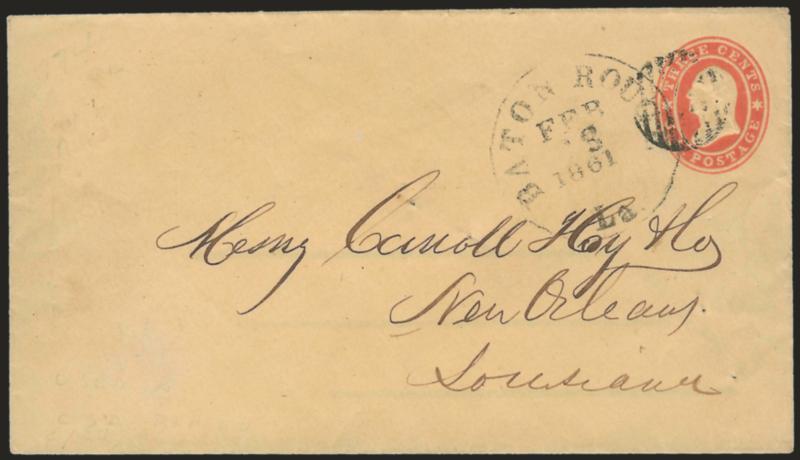Baton Rouge La. Feb. 28, 1861.> Clear strike of circular datestamp and grid cancels 3c Red Star Die entire to Carroll Hoy & Co. in New Orleans, usual small filing holes, Very Fine Confederate State
usage