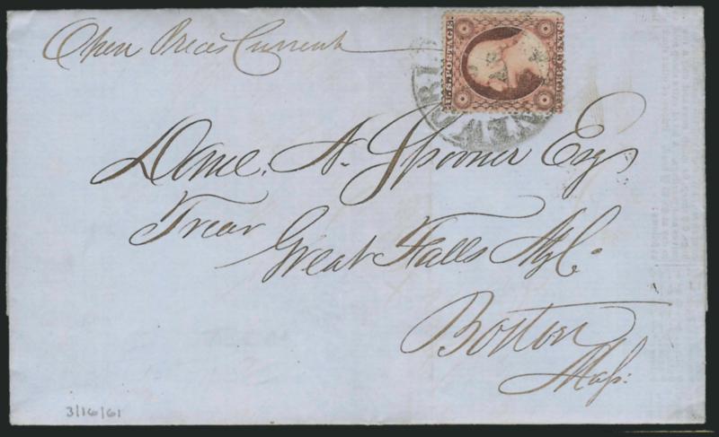 New Orleans La. Mar. 16.> Circular datestamp ties 3c Dull Red, Ty. III (26) on blue folded 1861 printed Prices Current to Boston, tear at top and crease at bottom, evidence of wax seal on back, Very Fine
appearance, intended to be sent as a circular