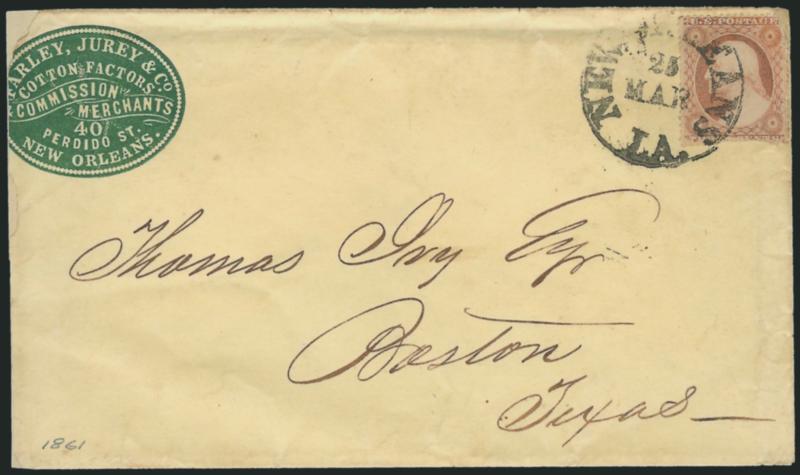 New Orleans La. Mar. 25.> Circular datestamp ties 3c Dull Red, Ty. III (26) on yellow cover with <commission merchants green cameo corner card> to Boston Tex., slightly reduced at left where few small repairs,
stamp defective, otherwise Fine, scarce