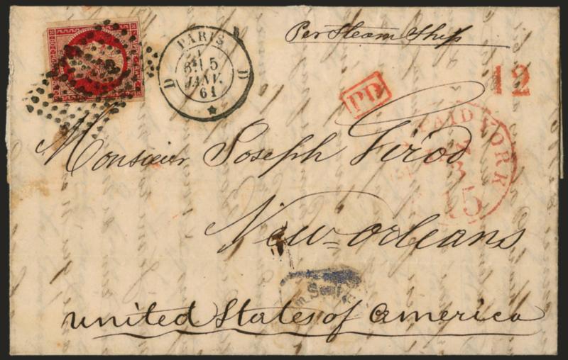 France to New Orleans, Jan. 1861.> Folded letter from Paris to New Orleans with France 80c Napoleon tied by diamond of dots, Paris 6e5 Janv. 61 double-circle datestamp, red New York Paid 15 Jan. 3 (error date,
should be Jan. 23) credit datestamp