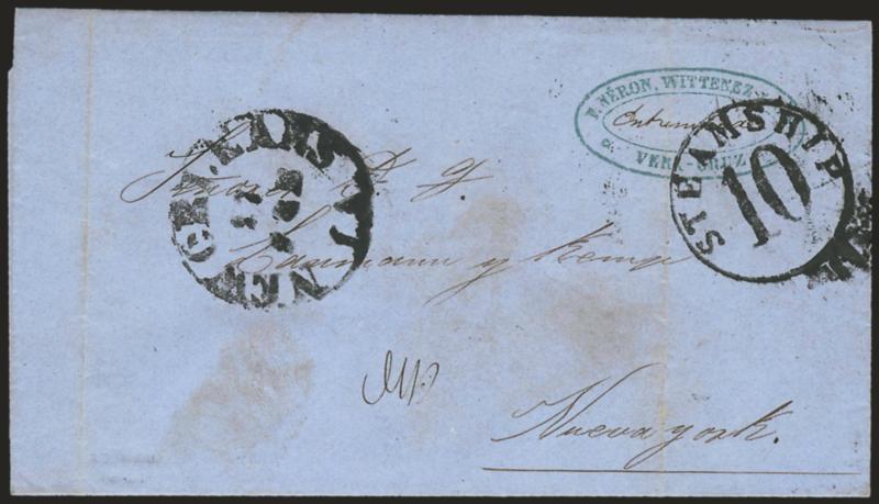 Mexico to New York.> Blue folded letter datelined <<Puebla 14 de Febr. 1861>> to New York, bold <Steamship 10 in circle> handstamp and New Orleans La. Feb. 27 circular datestamp, Vera Cruz oval handstamp, light
file folds, Very Fine usage rout