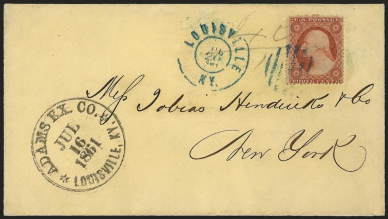 Adams Express Co., Louisville Ky., Jul. 16, 1861.> Well-struck circular datestamp on cover bearing 3c Dull Red, Ty. III (26), tied by blue grid, matching Louisville Ky. Jul. 20, 1861 double-circle datestamp to
New York, ms. pencil under the stamp p