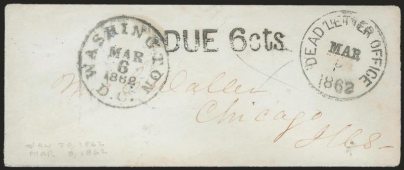 Smuggled Thru-the-Lines Mail.> Cover to Mrs. C. Waller in Chicago, same correspondence as lot 2476, sent to U.S. Dead Letter Office presumably because postage was not applied, bold Dead Letter Office Mar. 5,
1862 circular datestamp, pencil X, Wa