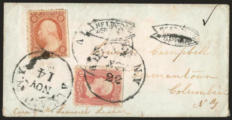 3c Dull Red, Ty. III (26).> Scissors-separated at right and bottom, tied by Albany N.Y. Nov. 14 circular datestamp on cover to Germantown N.Y., two strikes of <Held for Postage> handstamp, also bearing <3c Rose
(65)> tied by Albany N.Y. Nov. 22