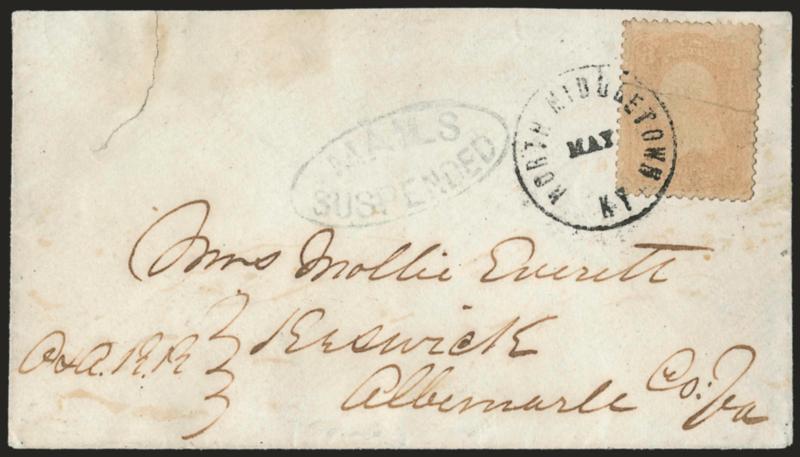 MAILS SUSPENDED.> Lightly struck bluish oval handstamp, 3c Rose (65) tied by North Middletown Ky. May cds (no day slug) on small cover to Keswick Va., routed via <<O. & A. R.R.>> (Orange & Alexandria R.R. -
Virginia Central), cover lightly cleane