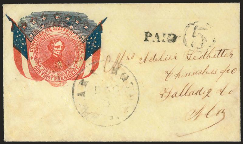 Warrington Fla. Dec. 8.> Lightly struck circular datestamp, matching Paid and 5 in circle handstamps on small yellow cover with red and blue <Jefferson Davis Medallion and Flags Patriotic> design, without scene
below (Dietz JD-2), skillfully clea