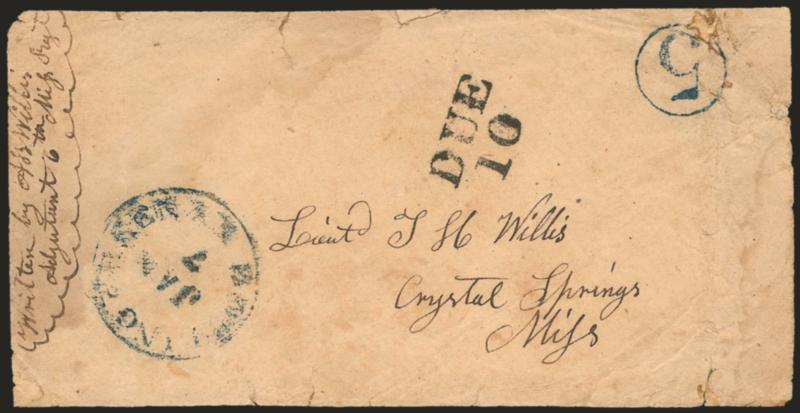 Bowling Green Ky. Jan. 7 (1862).> Usual blurry strike in blue with matching 5 in circle due handstamp on homemade cover to a lieutenant at Crystal Springs Miss., endorsement of an adjutant (and brother) in 6th
Miss. Regt., bold ^DUE10^ two-line