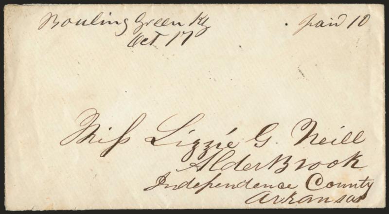 Bowling Green Ky Oct 17 and paid 10 Manuscript Postmark.> On fresh white envelope to Alderbrook Ark., 1861 usage, Extremely Fine, one of two recorded manuscript postmarks from the Confederate post office at
Bowling Green (occupied Sept. 18 -- thi