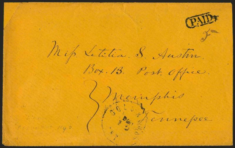 Columbus Ky. Dec. 10 (1861).> Circular datestamp with bold Paid in oval handstamp and ms. 5 rate on buff cover to Memphis Tenn., slightly reduced at left, small repair at corner, still Fine and
scarce