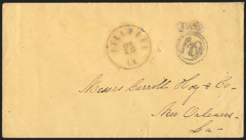 Fillmore La. Jul. 13 (1861).> Circular datestamp with Paid in oval and 10 in circle handstamps struck over 5 in circle, all in <violet> on yellow cover to Carroll Hoy & Co. in New Orleans, usual pinholes, Very
Fine, scarce revalued markings