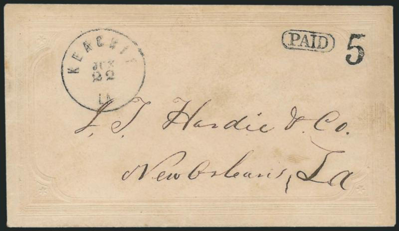Keachie La. Jun. 22.> Neat strike of circular datestamp with matching Paid in oval and 5 handstamps on ladys cover to New Orleans, fresh and Very Fine, a beautiful cover