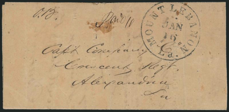 Mount Lebanon La. Jan. 16.> Large circular datestamp with ms. Paid 10 and <O.B.> on folded part-printed <Certifficate of Disability for Furlough> dated 1865, to Alexandria La., Very Fine, unusual
usage